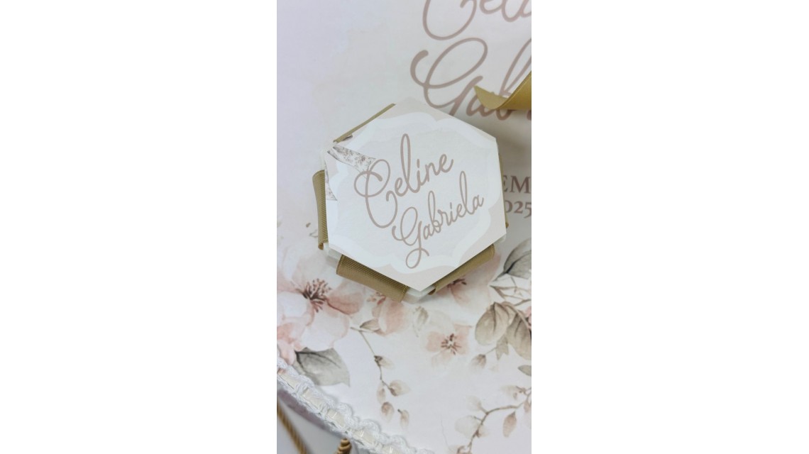 Trusou botez Nude Teddy Bear Toile de Jouy bej crem cu accente light pink și pattern floral vintage 11